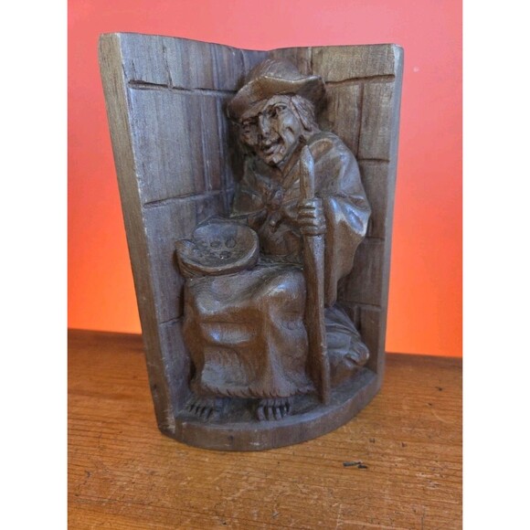 Vintage Hand Carved Wood Latin American Mexico Bookends Sitting Old Man & Woman - Picture 3 of 10